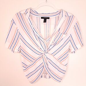 Forever 21 White and Blue Tie Front Blouse